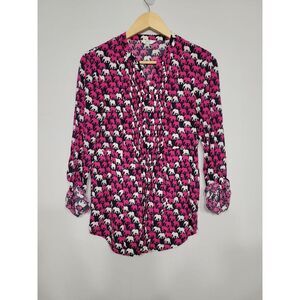 Crown & Ivy Pink Elephants Button-up‎ Tunic With Roll Sleeves Women's Small